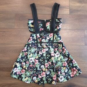 Gianni Bini Dress L Black Alexie Corset Mini Floral Fit Flare Pin Up 50s Skater
